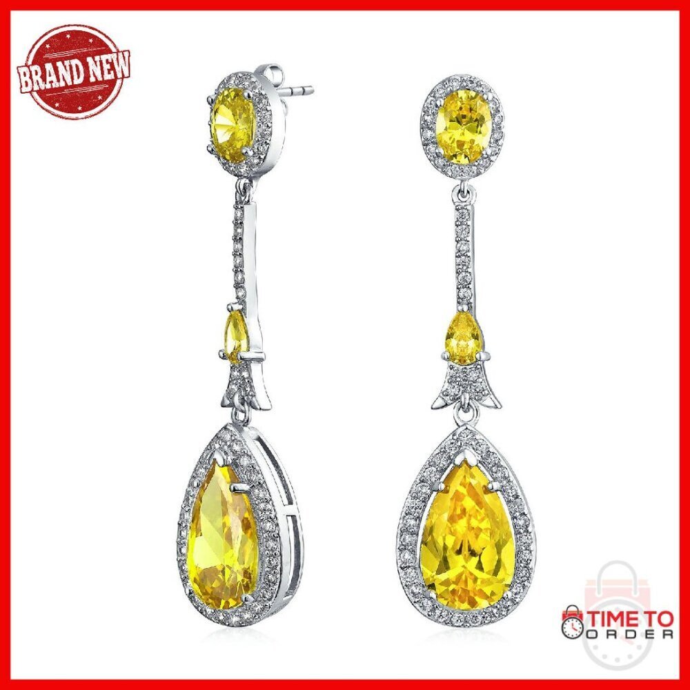 Vintage Style Halo Pear Teardrop Dangle Earrings Silver Plated Cubic Zirconia